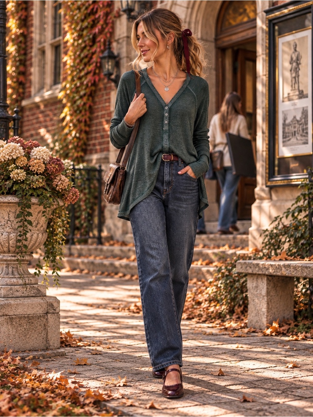 Free People Forest Green Henley Swing Tunic | Boho Coastal Oversized Top